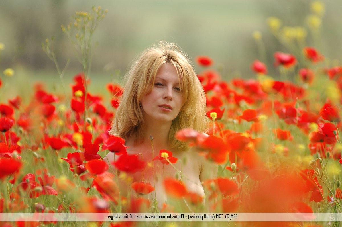 16P Lesbische Mädchen wandern im Buff durch ein Feld voller blühender Mohnblumen
