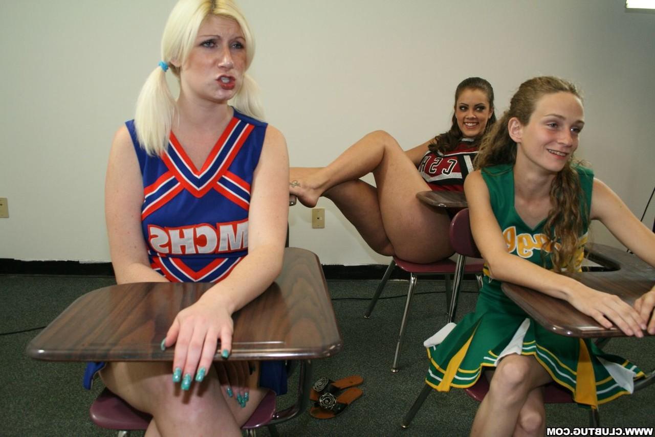 12P Cheerleaders push a boy down before jerking and sucking on his cock