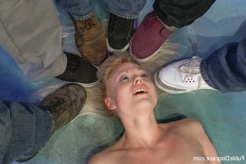 15P Petite blonde is forced into humiliating public sex while wearing knee highs