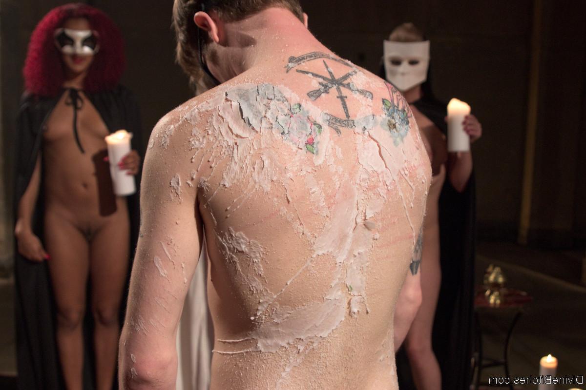 20P Horny dommes drip hot wax on a bound guy's back in a secret BDSM sex ritual