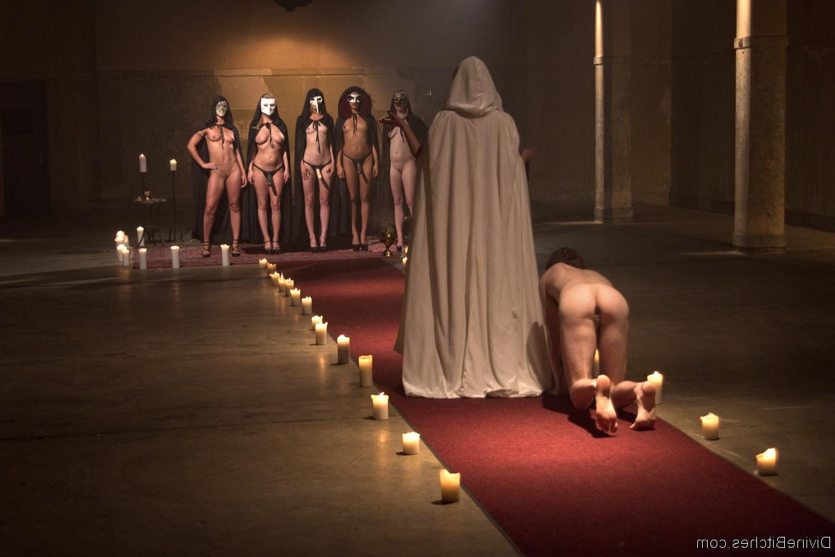 20P Horny dommes drip hot wax on a bound guy's back in a secret BDSM sex ritual