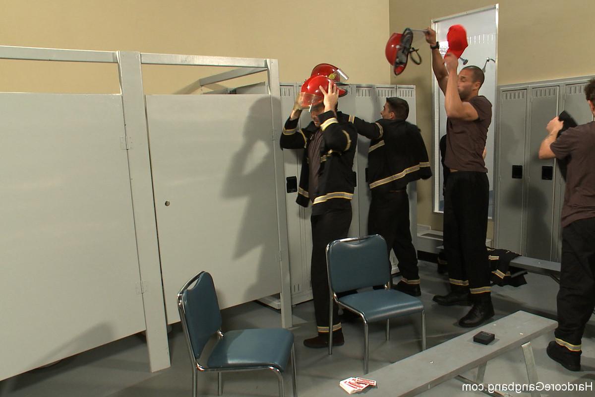20P Redheaded slut Audrey Hollander gets roughly gangbanged by firemen on the sofa
