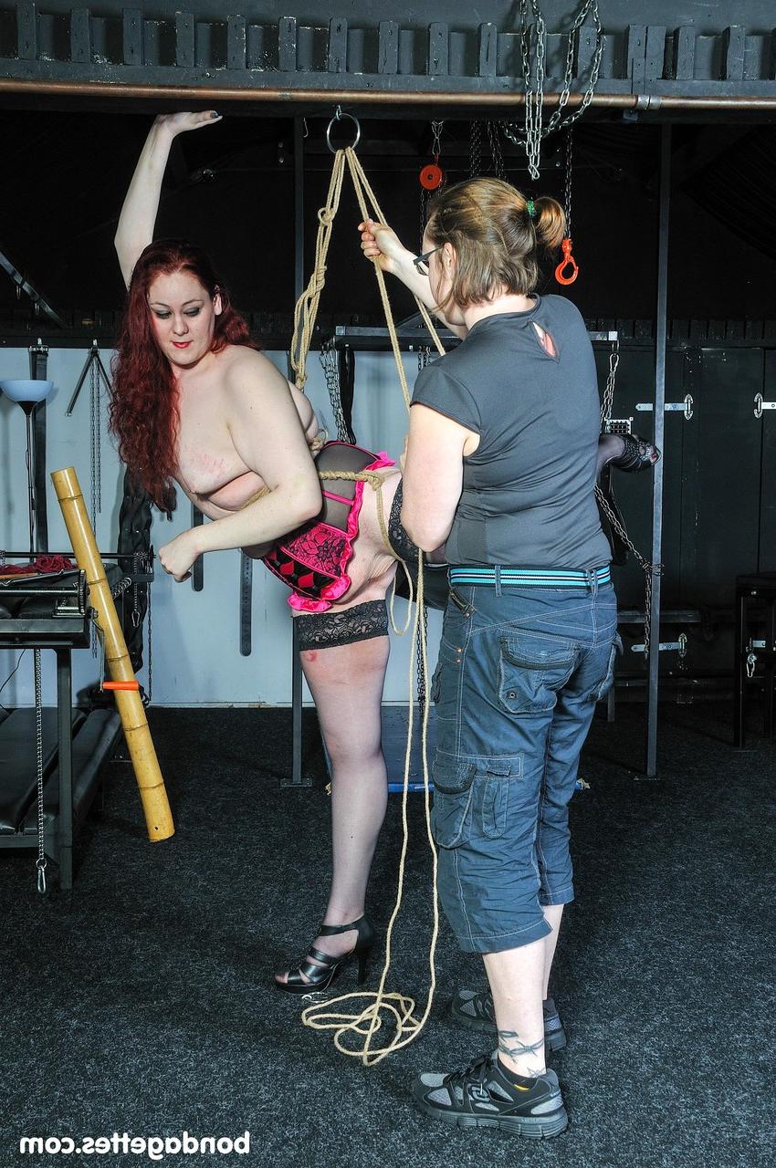 20P Topless fatty in stockings & high heels Alex gets tied up in rope bondage
