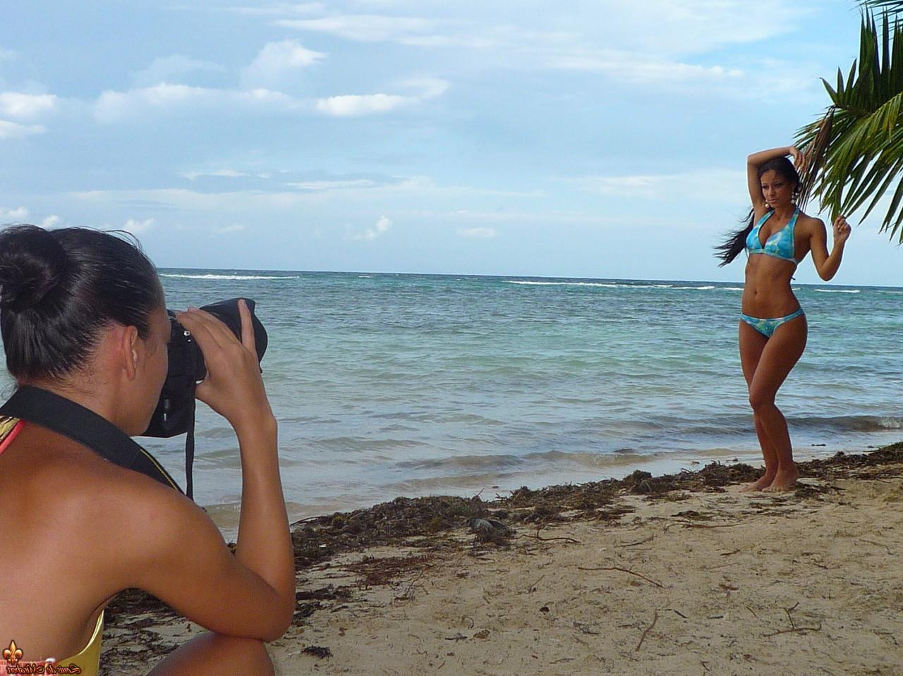 12P Beach babes poses for a topless gig on a deserted tropical beach