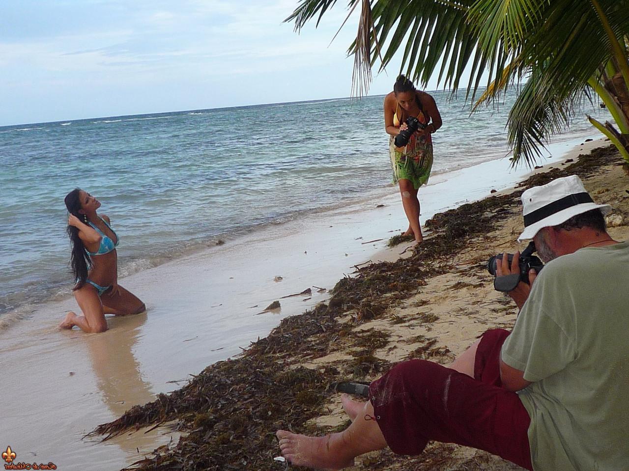 12P Beach babes poses for a topless gig on a deserted tropical beach