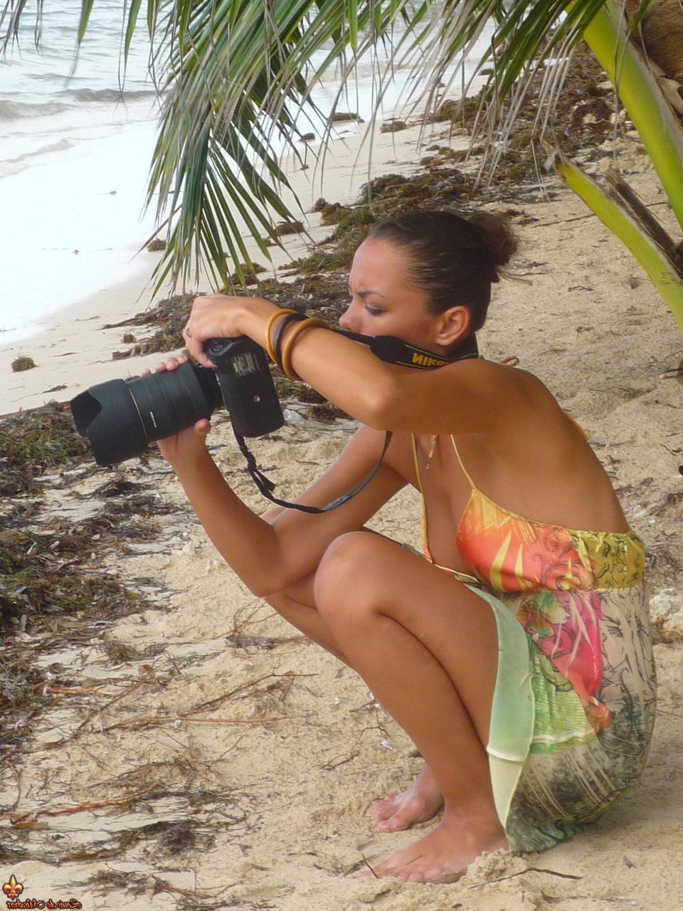 12P Beach babes poses for a topless gig on a deserted tropical beach