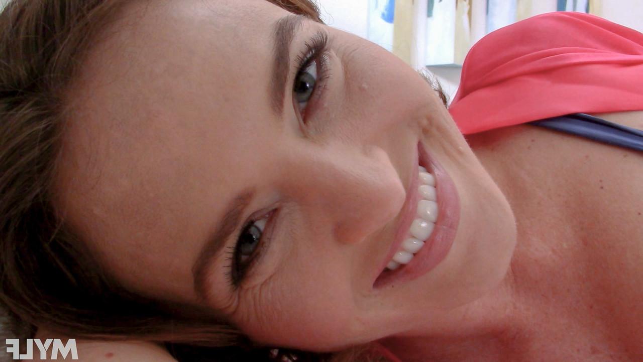 20P Brunette MILF with perfect big tits Krissy Lynn teases with her twat up close