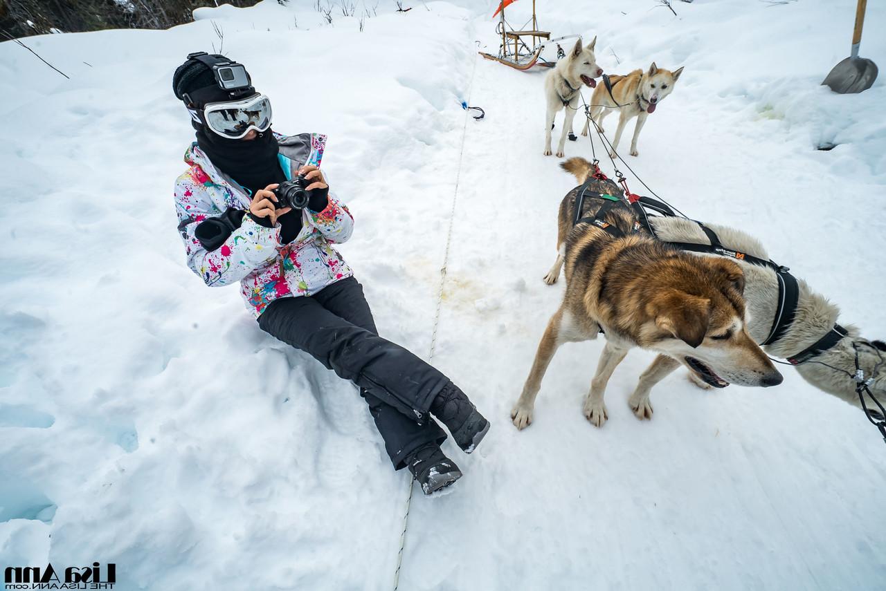 20P Lisa Ann, petite star du porno américaine, profite d'une balade en traîneau à chiens en Alaska.
