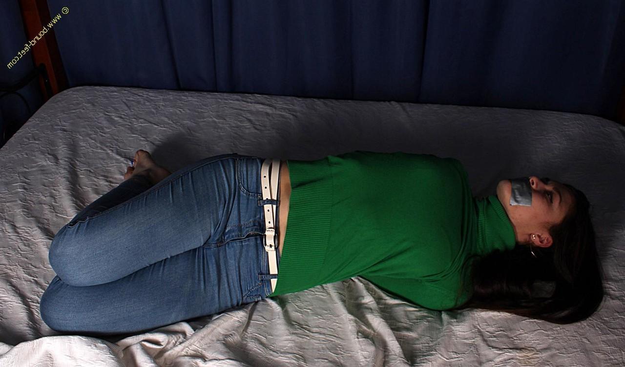 16P Girl next door type finds herself hogtied while silenced with duct tape