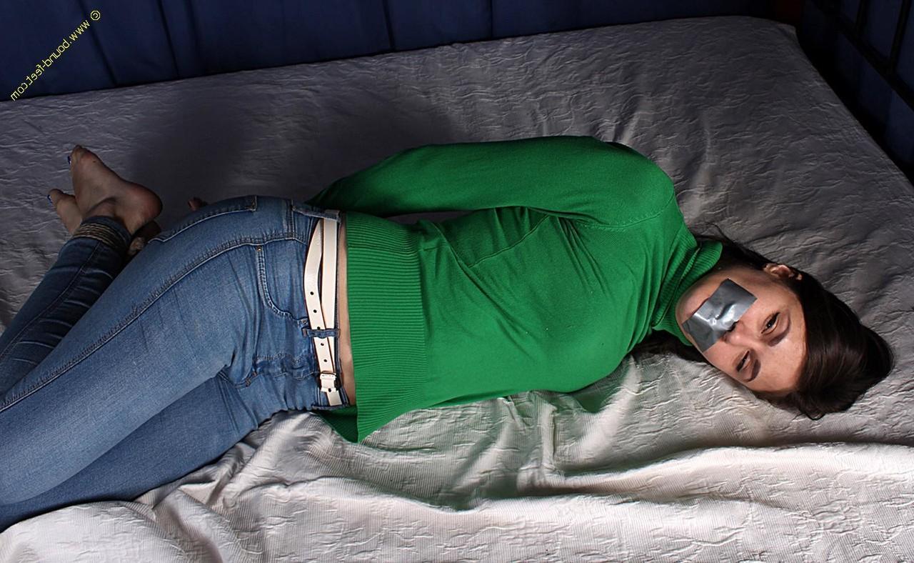 16P Girl next door type finds herself hogtied while silenced with duct tape