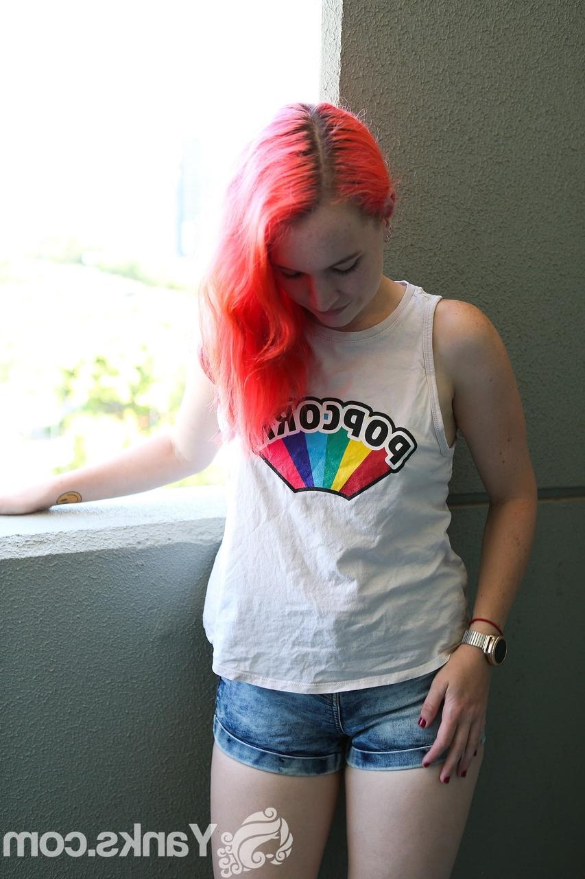 17P Pink haired Australian doll Sierra Knight strips & shows hot curves on balcony