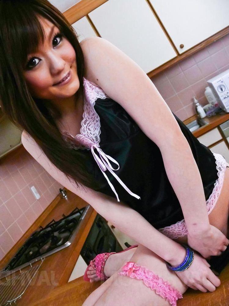 15P Japanese cutie Huwari squirts while playing with her trimmed bush in a kitchen