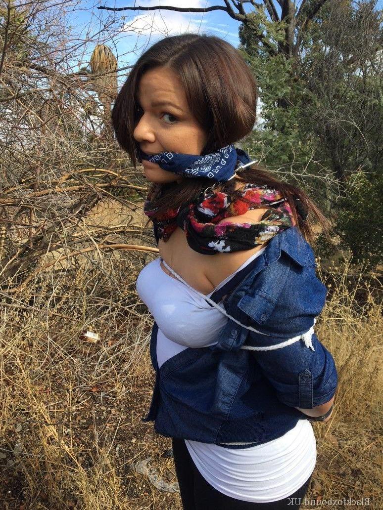 15P Fully clothed fatty is cleaved gagged and rope bound in scrubby looking woods