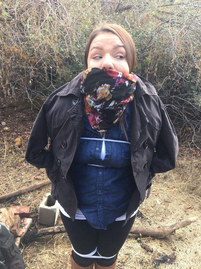 15P Fully clothed fatty is cleaved gagged and rope bound in scrubby looking woods