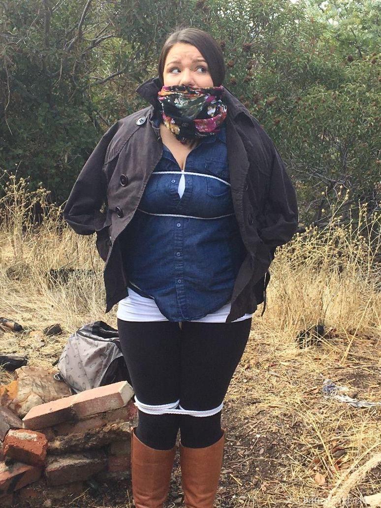 15P Fully clothed fatty is cleaved gagged and rope bound in scrubby looking woods