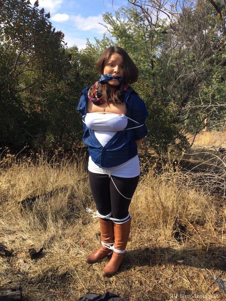 15P Fully clothed fatty is cleaved gagged and rope bound in scrubby looking woods