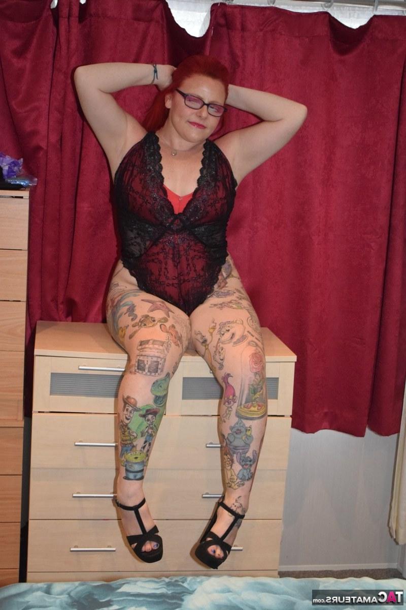 16P Overweight tattooed redhead Mollie Foxxx models lingerie in her bedroom