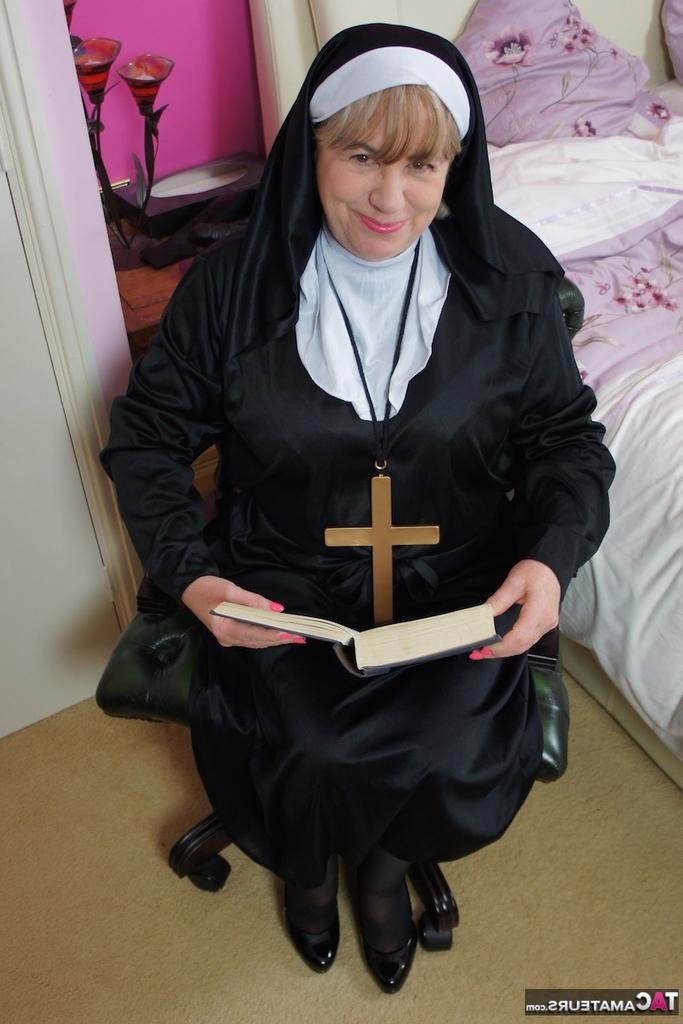 20P Mature nun Speedy Bee and partakes in strapon lesbian sex with another nun