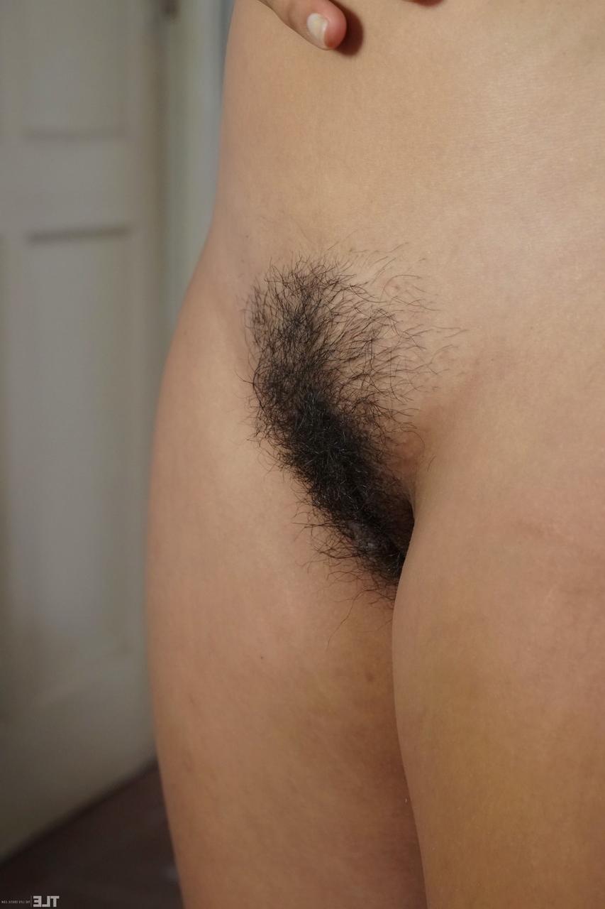 20P Brunette babe Amyra plays with her inviting hairy pussy in a BDSM solo