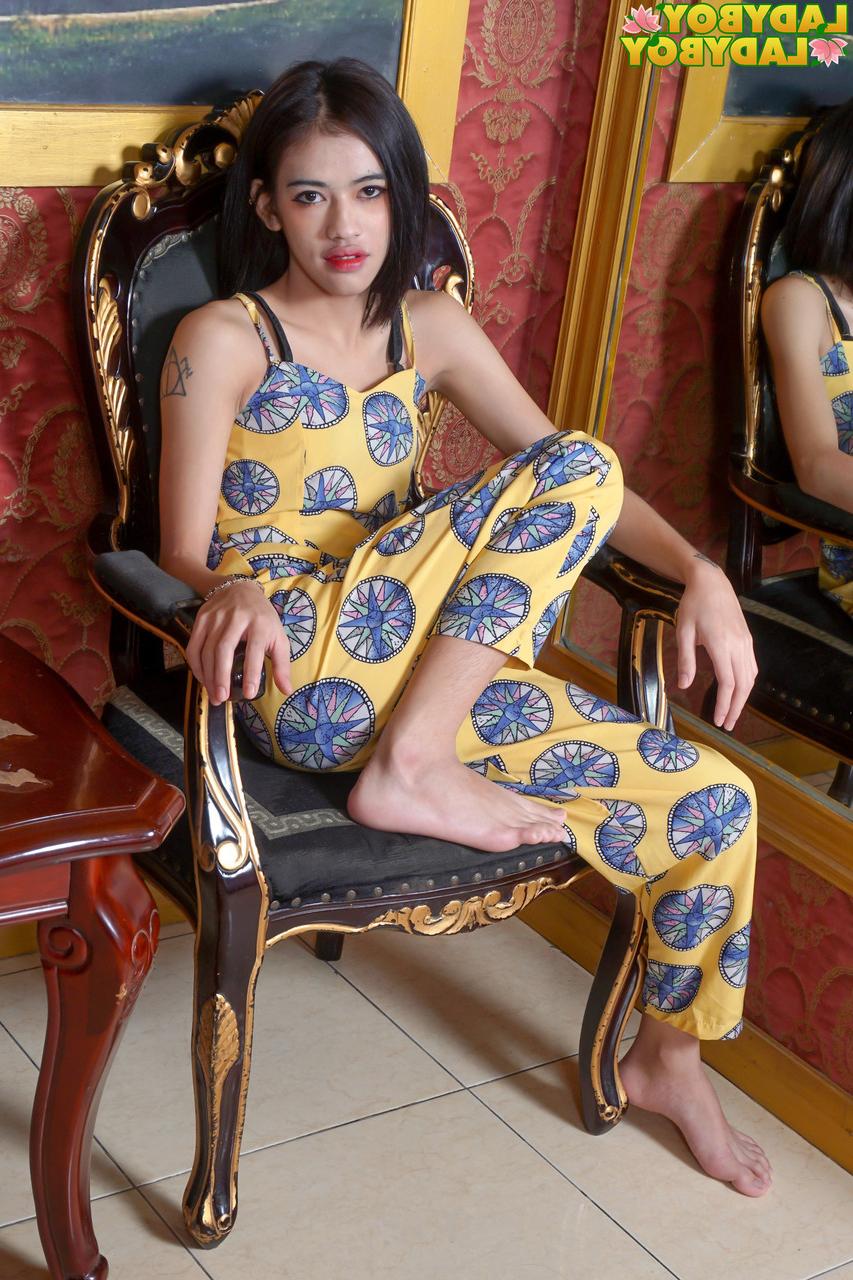 16P La delgada transexual asiática Jub muestra su monstruosa polla y su culo en solitario
