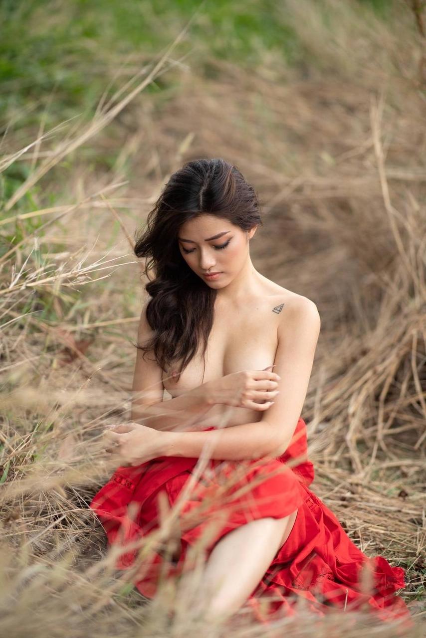 12P Breathtaking Asian model posing in an elegant dress and topless in a solo