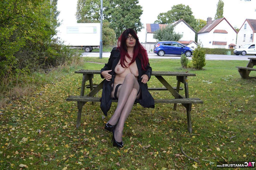 20P Chubby mature Barby Slut in coat flashes her big saggy boobs on the street