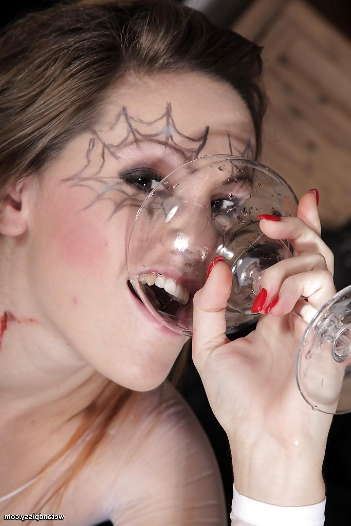 16P Naughty solo girl with tiny tits drinking own piss after peeing into glass