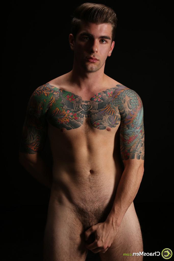 20P Handsome gay model Shiloh strips & exposes his inked body, huge dick & big ass