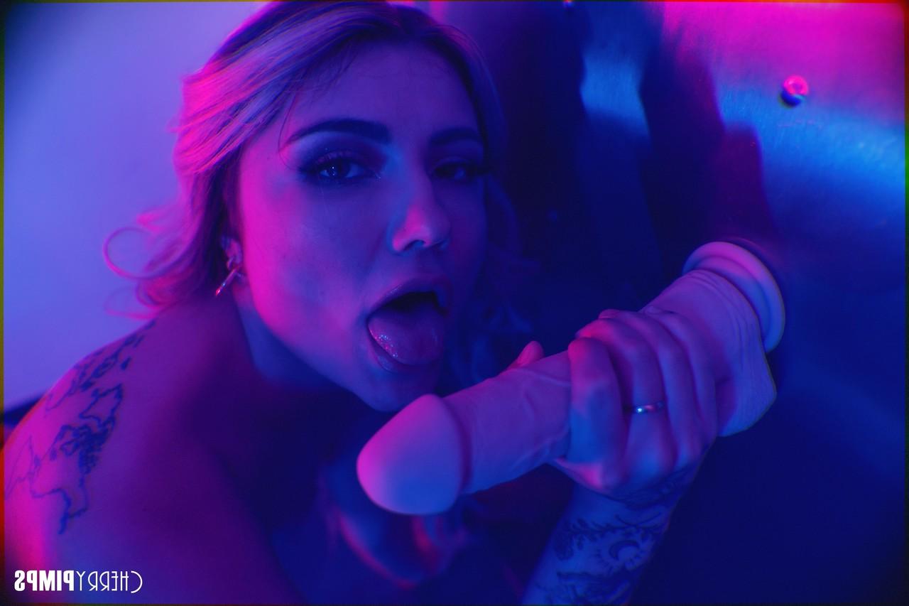 20P Brunette stripper Adria Rae sits on her big dildo then sucks it