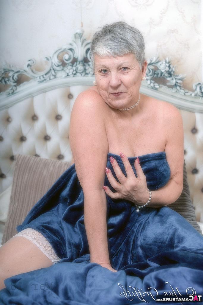 20P Granny first timer Savana hides her naked body after removing lingerie on bed