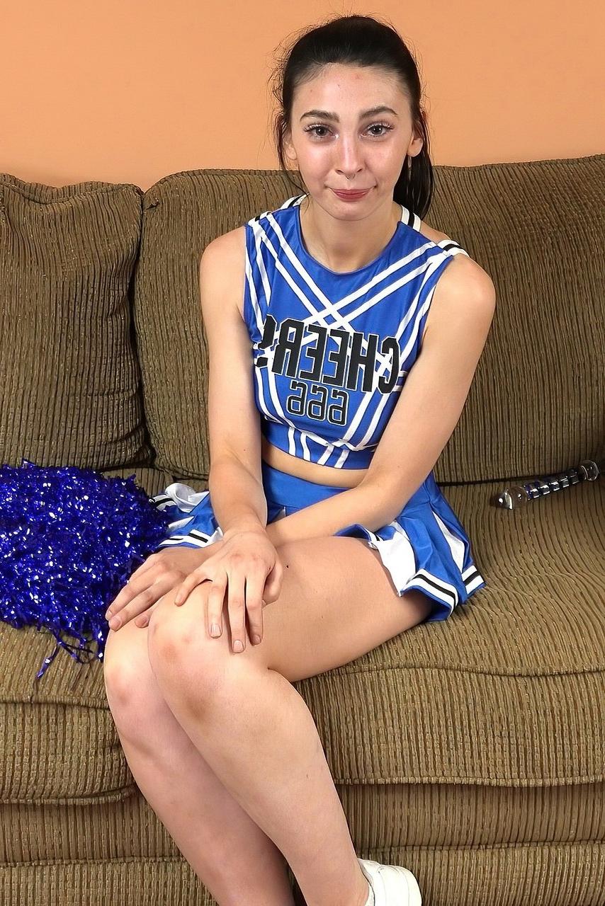 20P Slutty cheerleader Cheri Foxx toys with a dildo before having POV sex