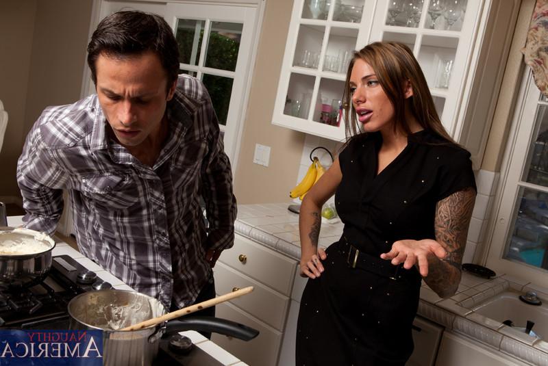 12P Brazilian cougar Juelz Ventura seduces a boy while he's cooking in a kitchen