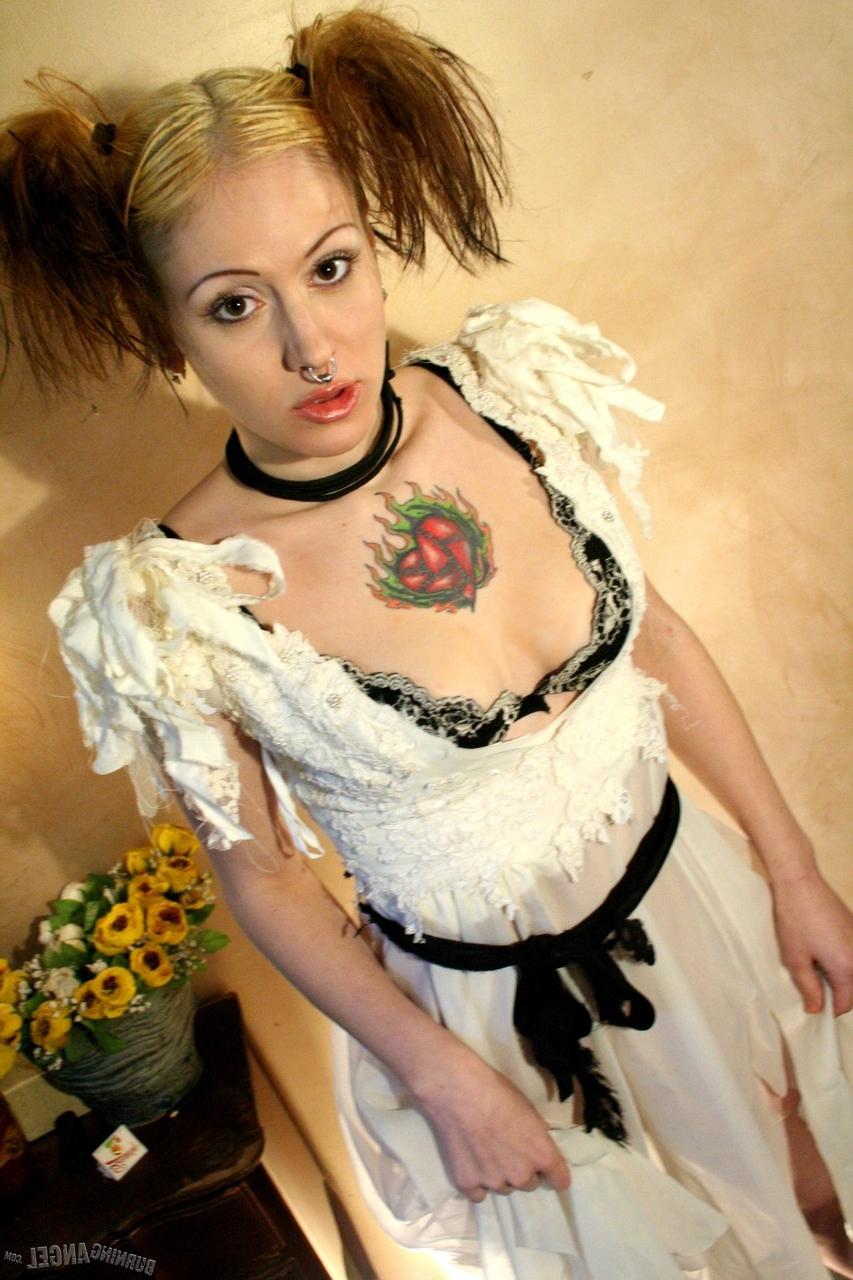 17P Wicked little bride doffs her goth wedding gown to fondle tiny pierced tits