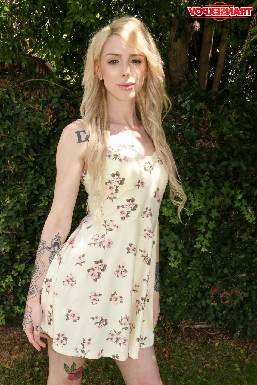 15P Die süße, dünne Shemale Annabelle Lane hebt ihr Kleid hoch und zeigt ihren Schwanz