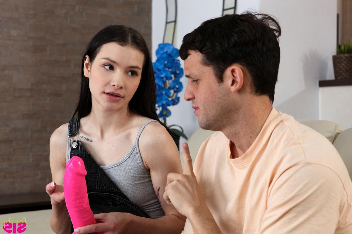 16P Thin brunette teen Matty sucks on a pink dildo before fucking her stepbrother