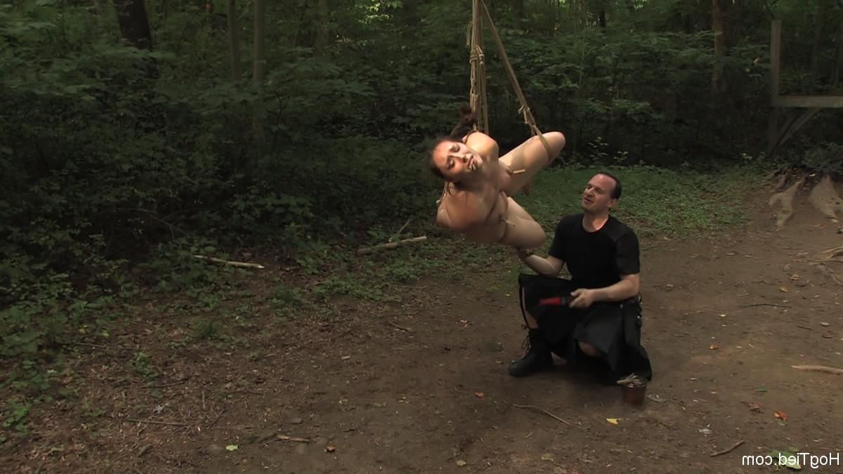 20P Naked brunette Sister Dee endures orgasmic punishment in rope bondage outdoors