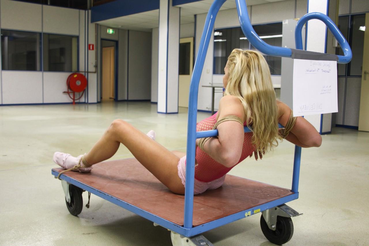 20P Bound and ballgagged blonde in fishnets Adrienne awaits for her punishment