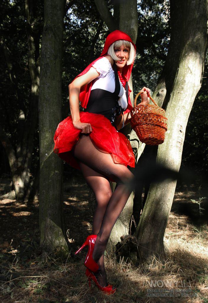 15P Blonde MILF masturbates in the woods while wearing a Red Riding Hood outfit