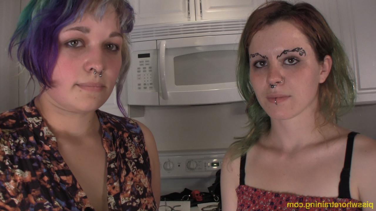 15P Caucasian girls Lily and Coco are subjected to swallowing piss in a kitchen