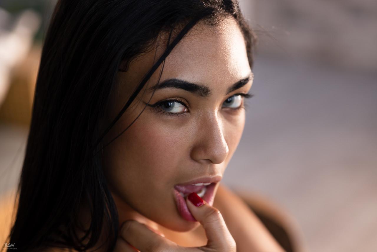 20P Raven-haired Latina Karen Cardona squeezes her incredible big tits & poses