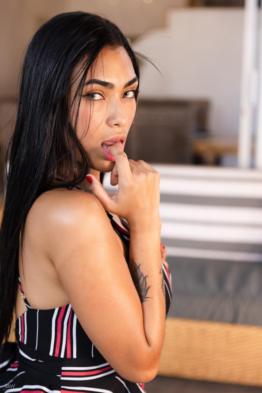 20P Raven-haired Latina Karen Cardona squeezes her incredible big tits & poses