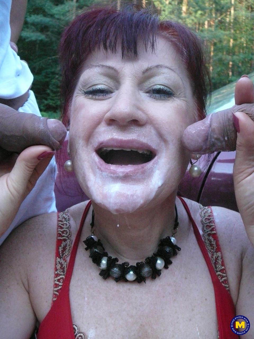 20P Mature slut Oriana blows two cocks in public & takes a messy facial