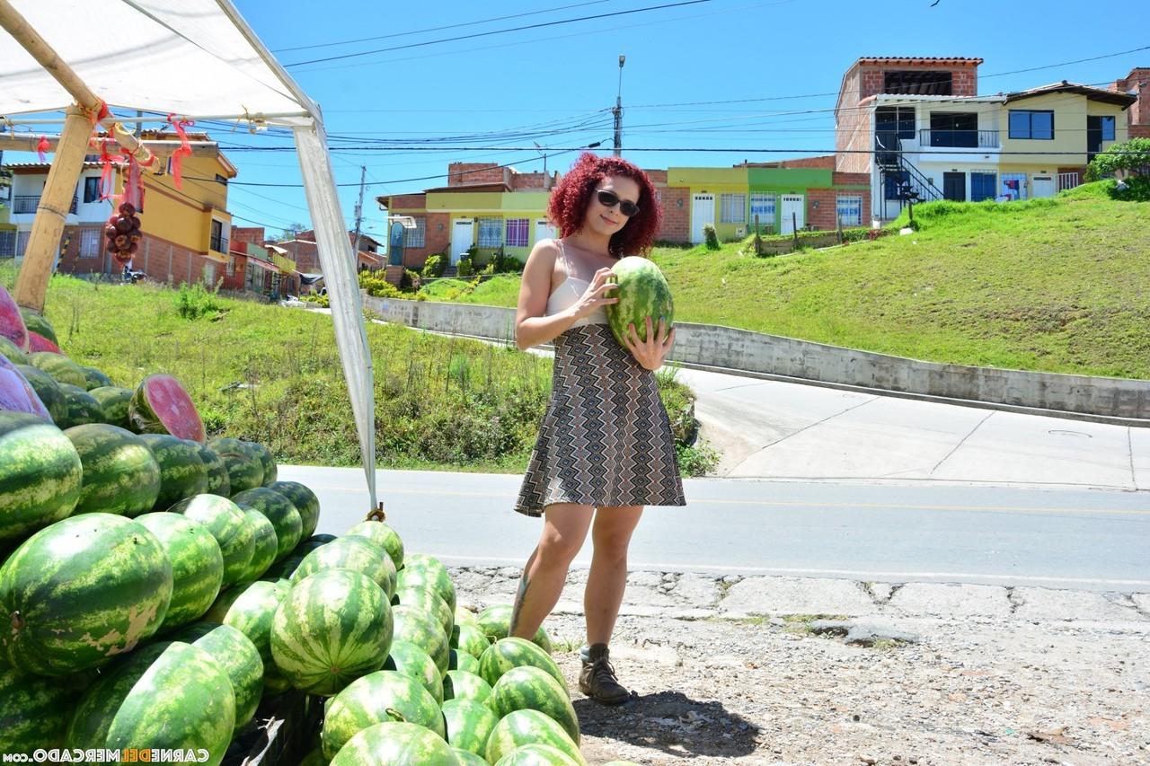 17P Curly redhead Latina with small tits & big clit gets nude to eat a melon