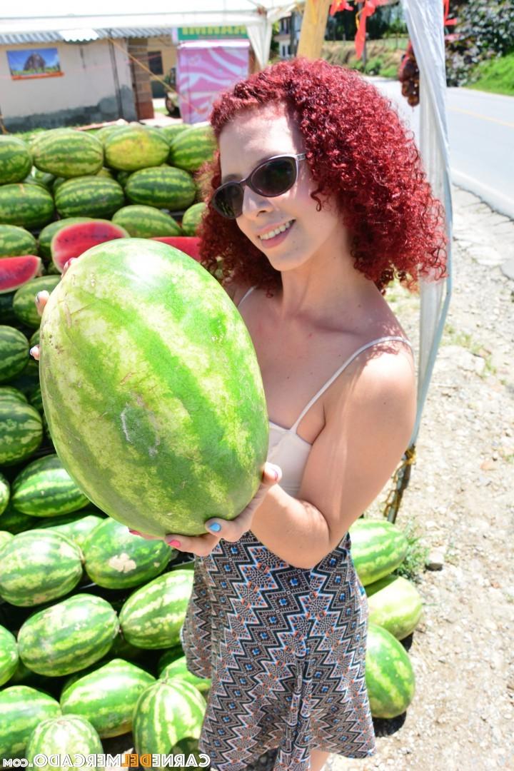 17P Curly redhead Latina with small tits & big clit gets nude to eat a melon
