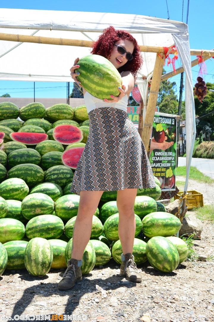 17P Curly redhead Latina with small tits & big clit gets nude to eat a melon