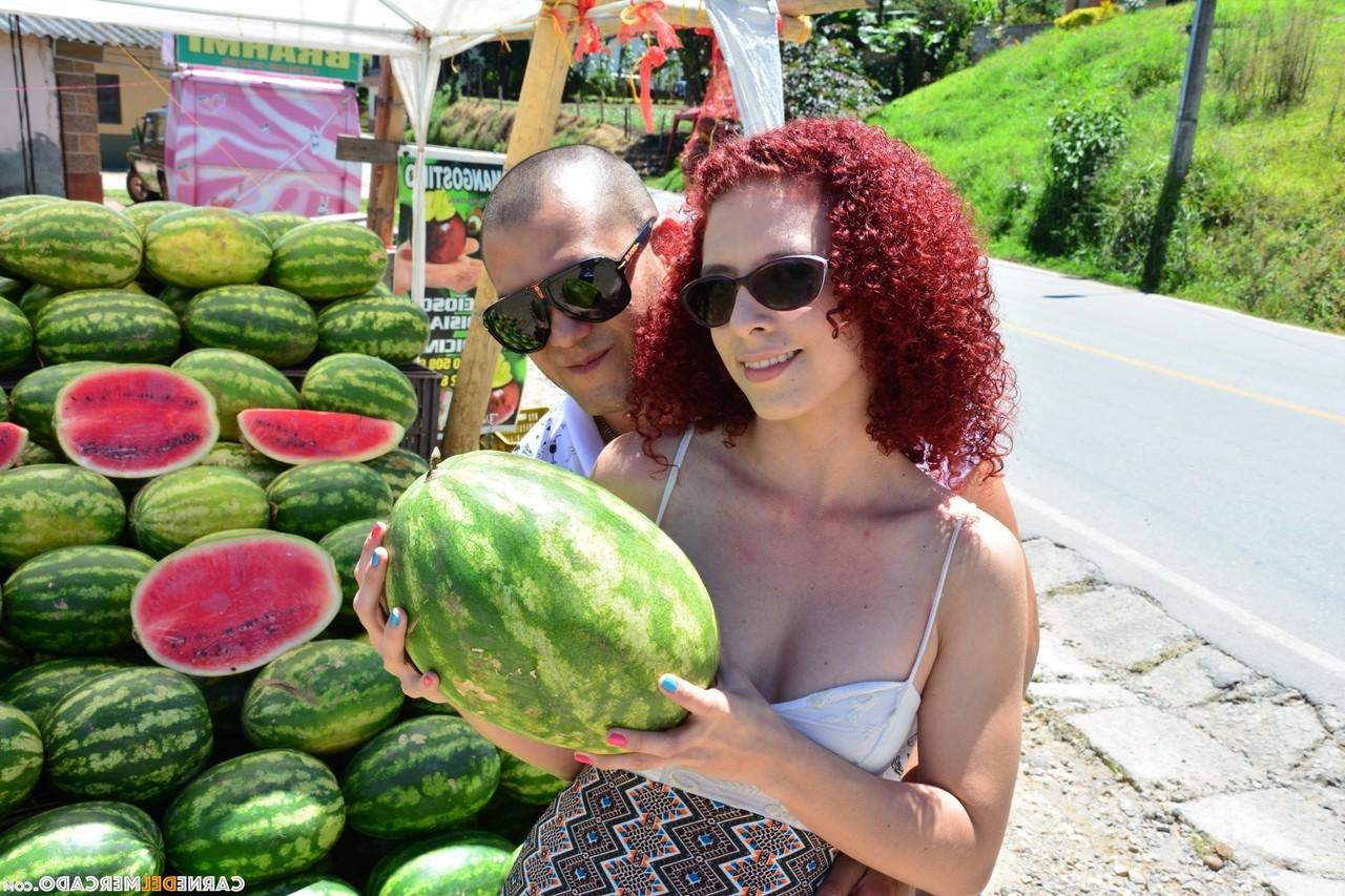 17P Curly redhead Latina with small tits & big clit gets nude to eat a melon