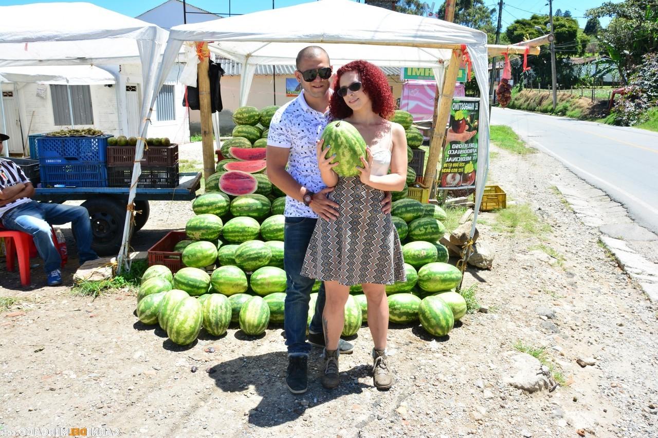 17P Curly redhead Latina with small tits & big clit gets nude to eat a melon