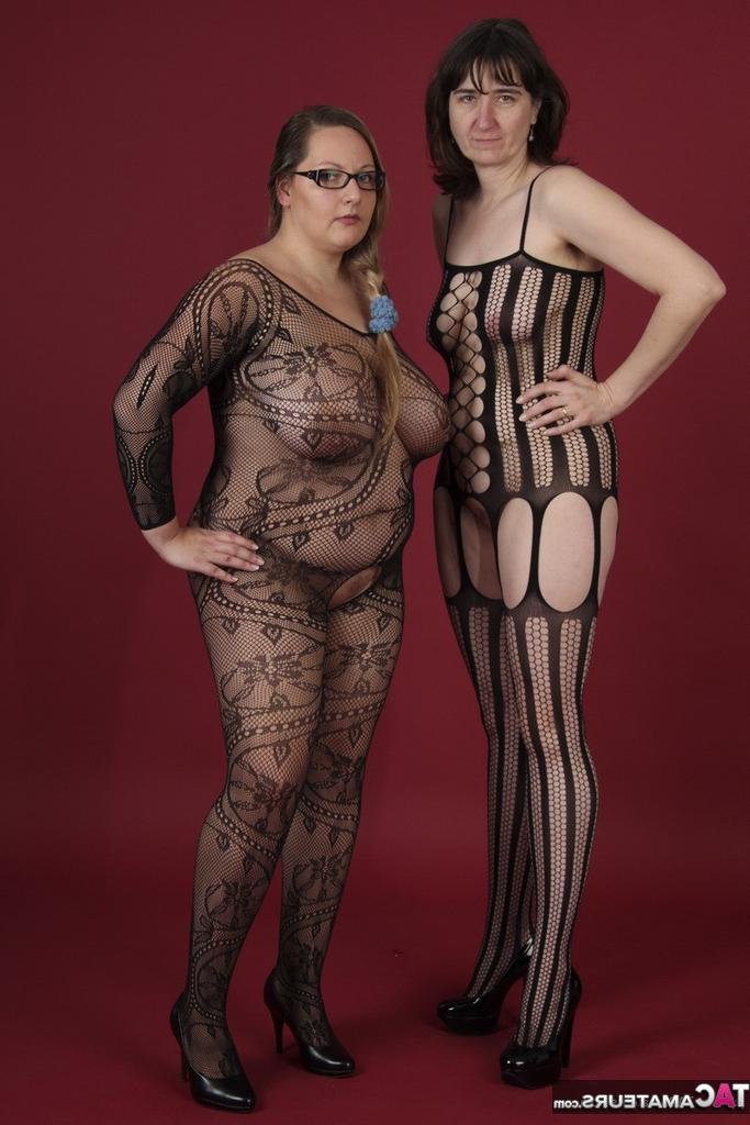 20P Amateur models fondle each others lesbian tits in sexy bodystockings