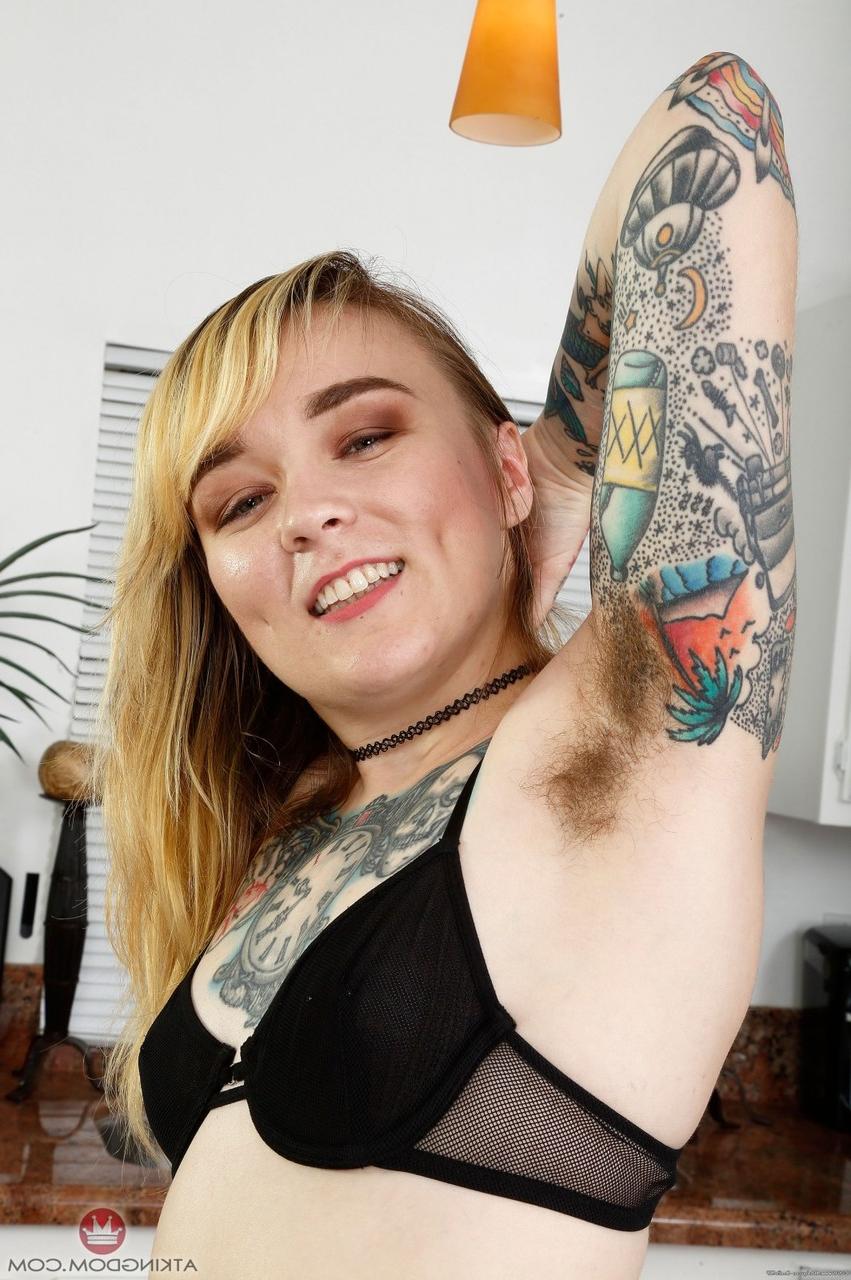19P Inked first timer Felicia Fisher displays her unshaven body on her bed