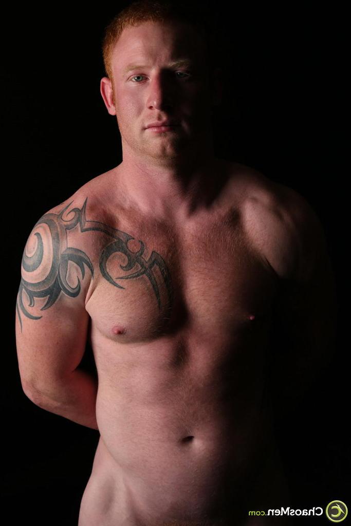 20P Muscular redheaded gay model Jordan Cleary strips, poses naked & masturbates